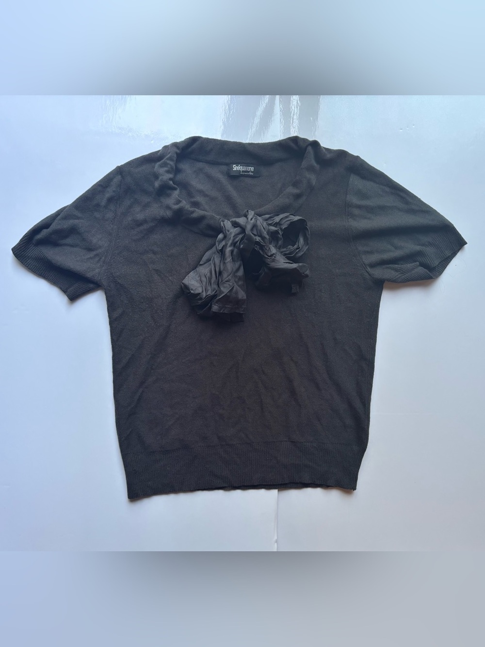 Sinequanone Paris wool knit short sleeve black top silk bow romantic coquette